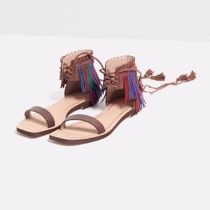 Zara Fringe Leather Ankle Strap Tassel Sandals Rainbow